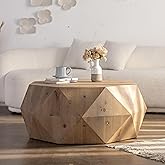 LyuHome Round Coffee Table for Living Room, Farmhouse Wood Drum Coffee Table with Three-Dimensional Embossed Pattern Design C
