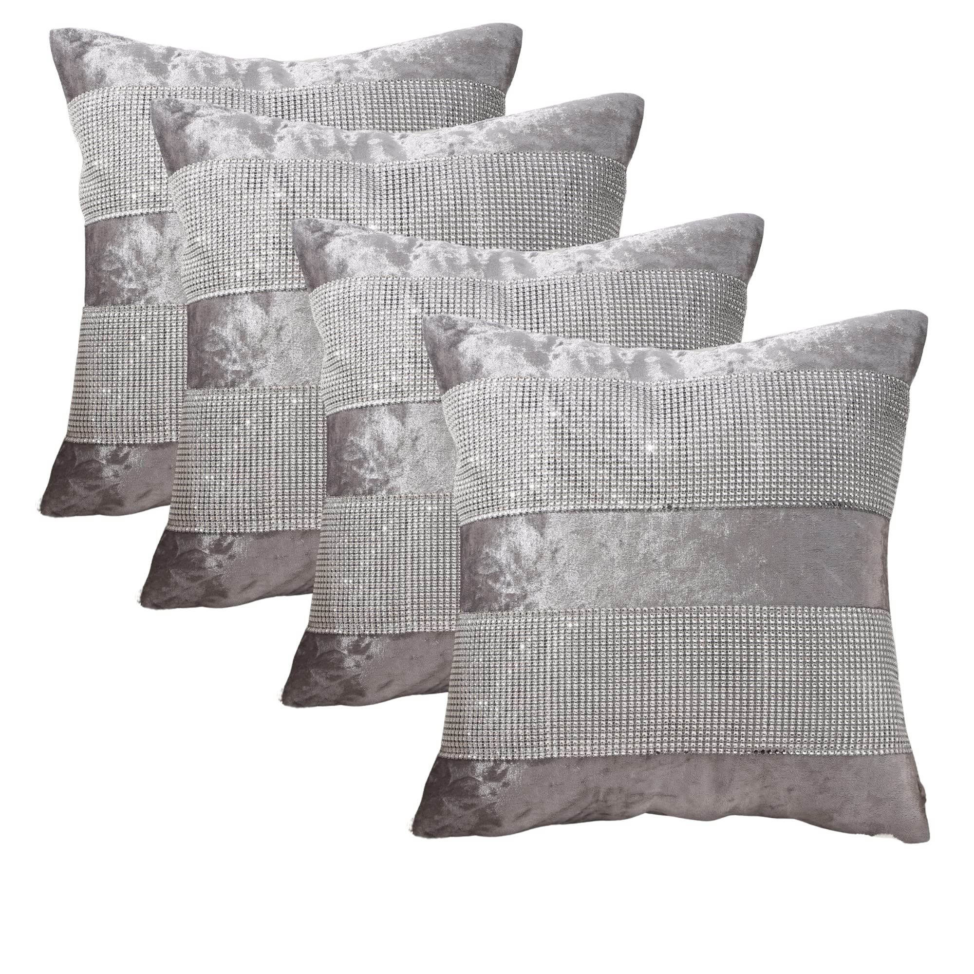 RKAAS HOME Super Soft Decorative Luxurious Diamante Sparkle/Bling Crushed Ice Velvet Square Cushion Cover for Living Room Sofa Couch Bed 45cm x 45cm 18x18 Inches (Pack of 4 - Design 2 Silver Grey)