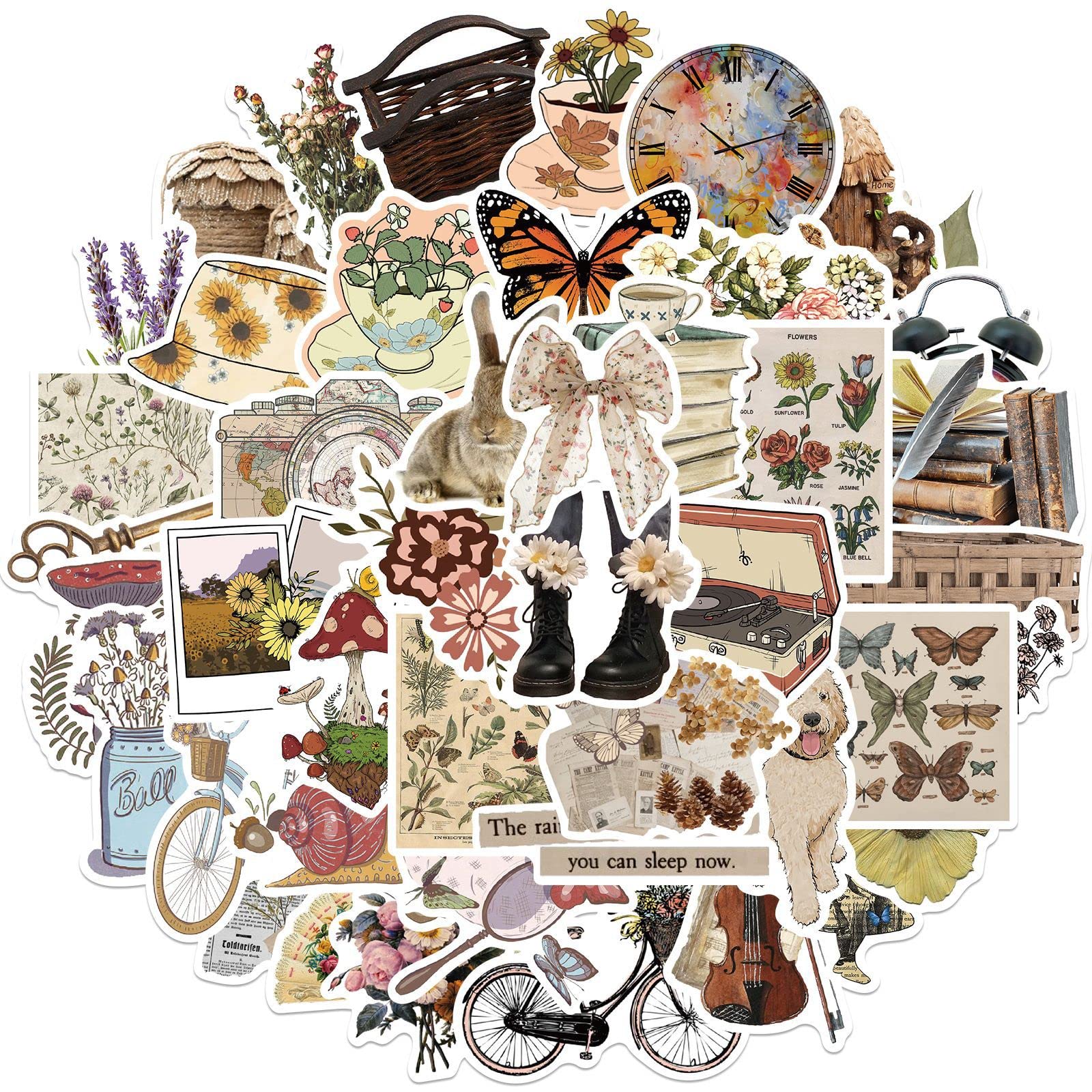 Vintage Stickers 50Pcs Cute Scrapbooking Stickers Aesthetic Retro Journaling Supplies Kit,Vinyl Decals for Planner Junk Journal Scrapbook Paper Laptop