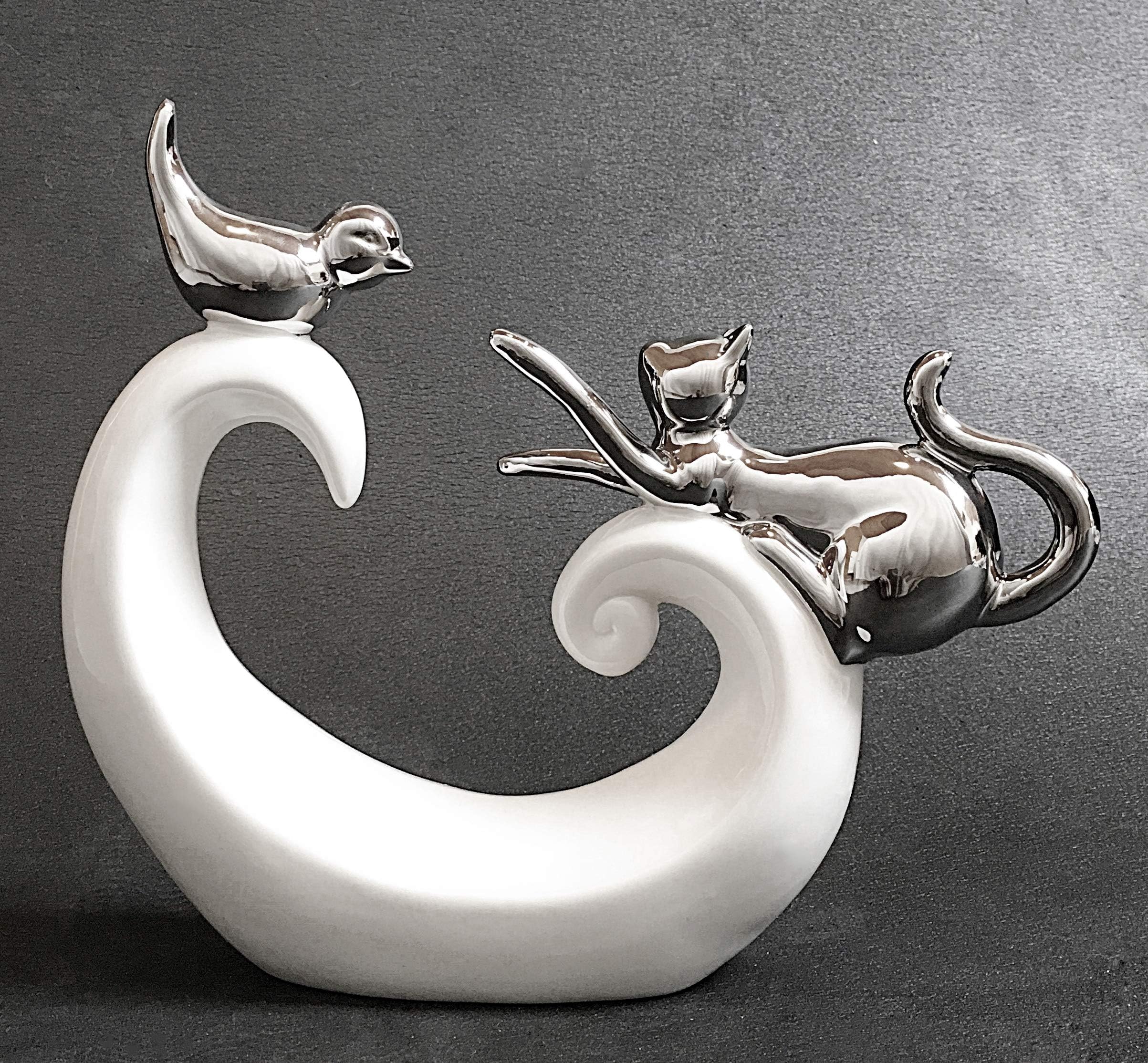FeinKnickStylish decoration with playing cat and bird - white & silver cat decoration made of ceramic - modern cat figure 21cm high - deco figure with kitten - statue ideal as a gift