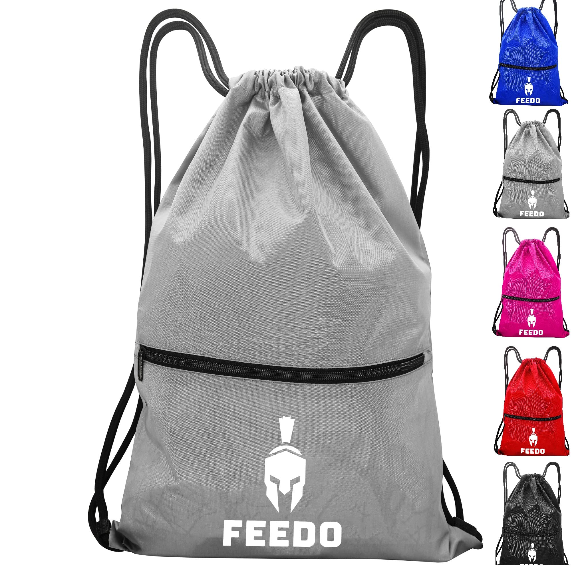 Feedo Drawstring Gym Bag Waterproof with zip pocket Large Sports Backpack String Swim Sack Nylong Bags Travel Beach School Personalised Bag for Mens Womens Kids Boys Girls Adults Children Ladies