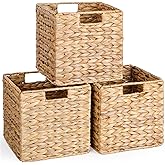 10.5x10.5 Water Hyacinth Storage Baskets, Collapsible Square Wicker Baskets Cube Storage Bins for IKEA Kallax, Set of 3