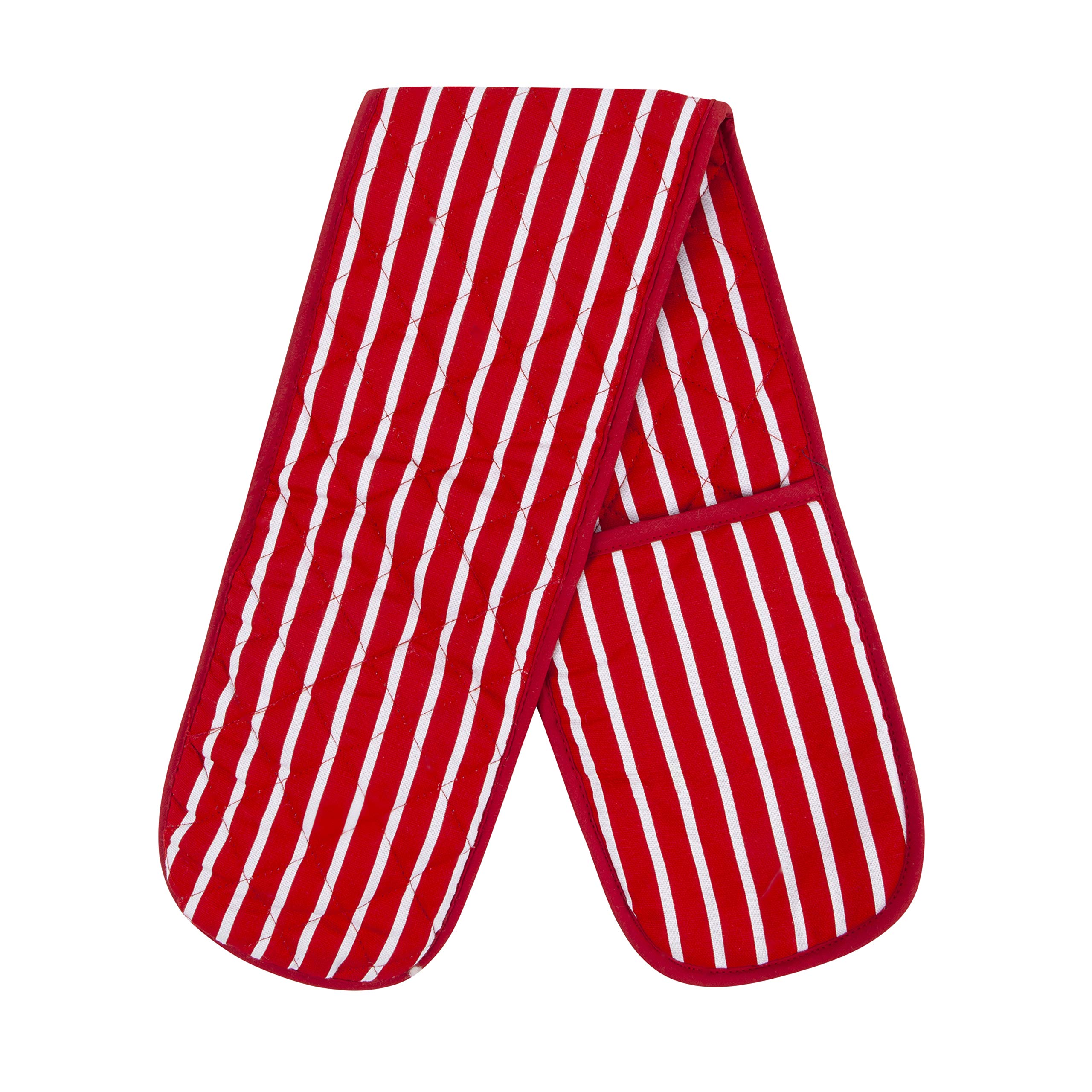 MOLLY MALOU Butcher Stripe Double Oven Gloves Quilted Heavy Duty Cooking Potholder Heat Resistant Mitt 18x90cm (Red)