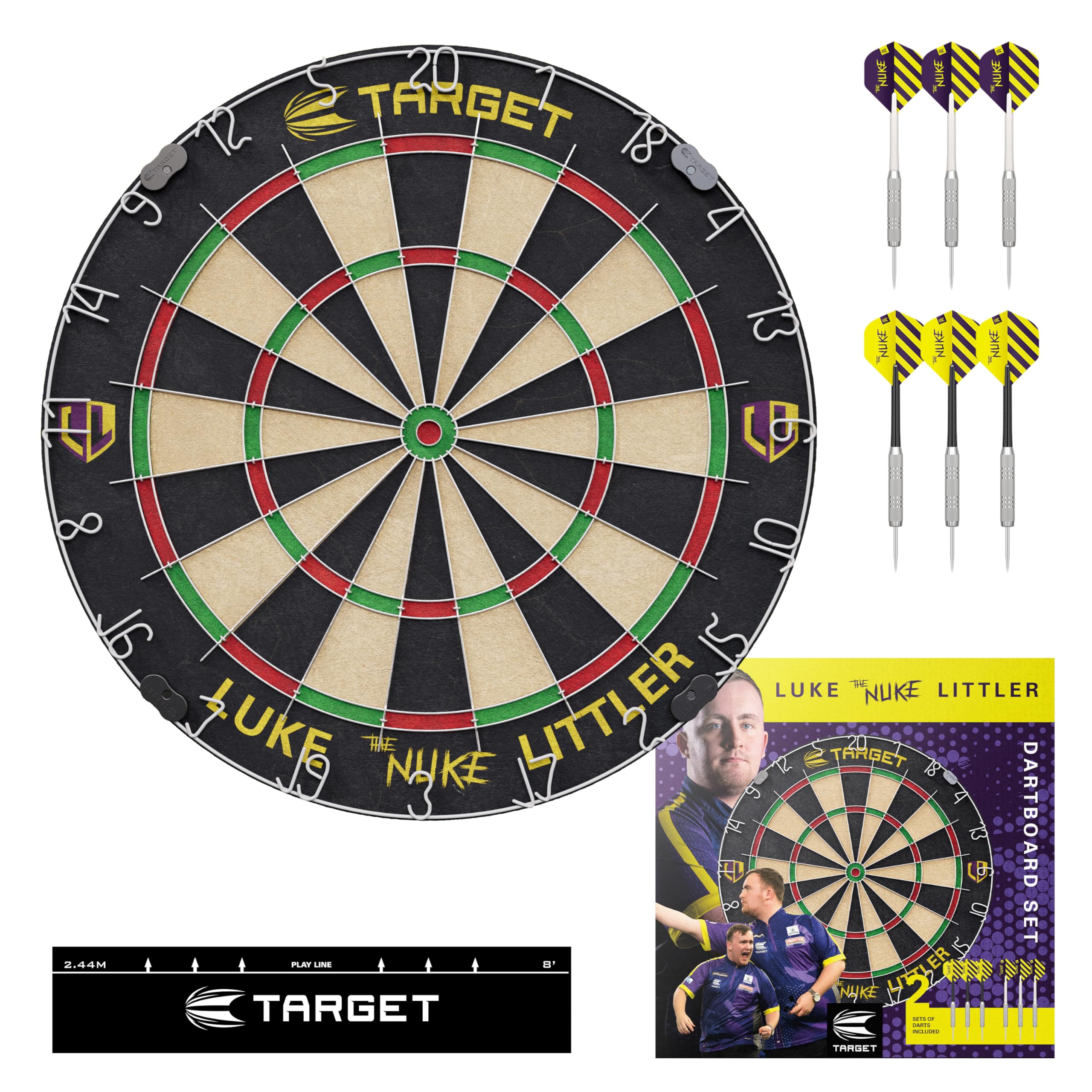 Target Darts Luke Littler Dartboard Set | Player Edition ‘The Nuke’ Dart Board Set with 2 Sets of Steel Tip Darts, Competition Standard Throw Line | Professional Dart Setup & Accessories