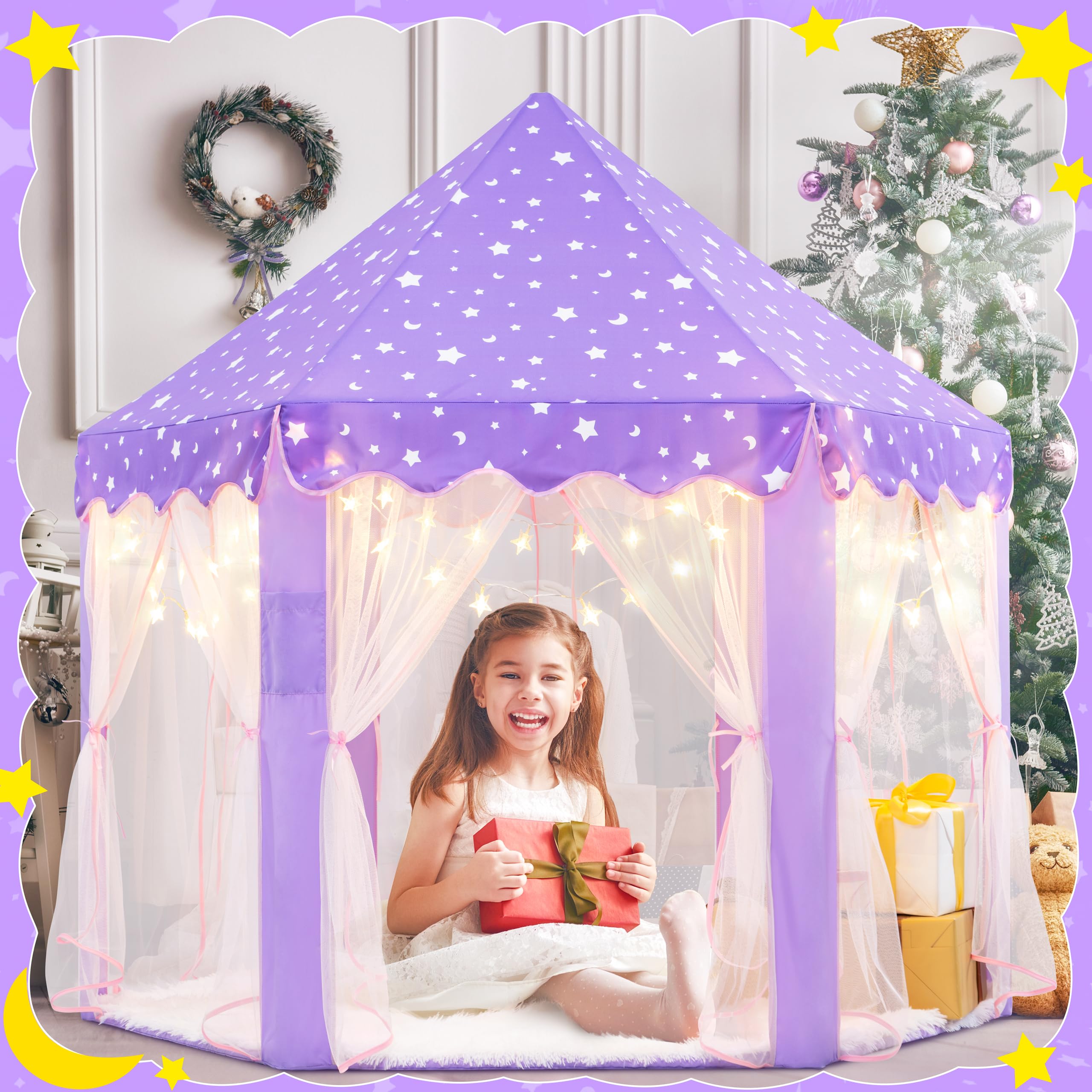 EVOIONOS Purple Tent for Girls, Kids Tent Indoor, Princess Tent with Star Lights, Girls Play Tent, Princess Castle Playhouse Tent, Little Girls Lavendar Tent, 55x53 Princess Tent for Girls
