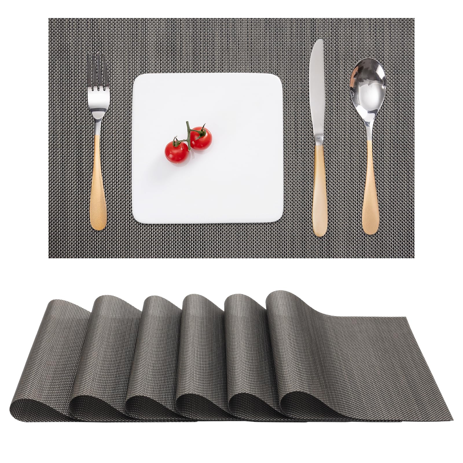 Myir JUN Table Mats Set of 6, Place Mats Table Placemats Washable Non-slip Heat Insulation Woven Vinyl for Kitchen Dinning Restaurant 17"X12" (Dark Brown)