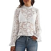 Gleeneat Womens Lace Long Sleeve Tops Dressy Casual Mock Neck Blouses Floral Elegant Sheer Shirts Date Night Outfits