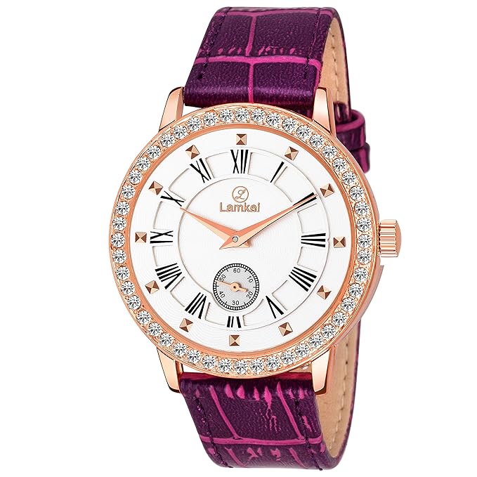 Lamkei Imported Working Chronograph White Dial Purple Leather Strap Women�s Watch � LMK-0155