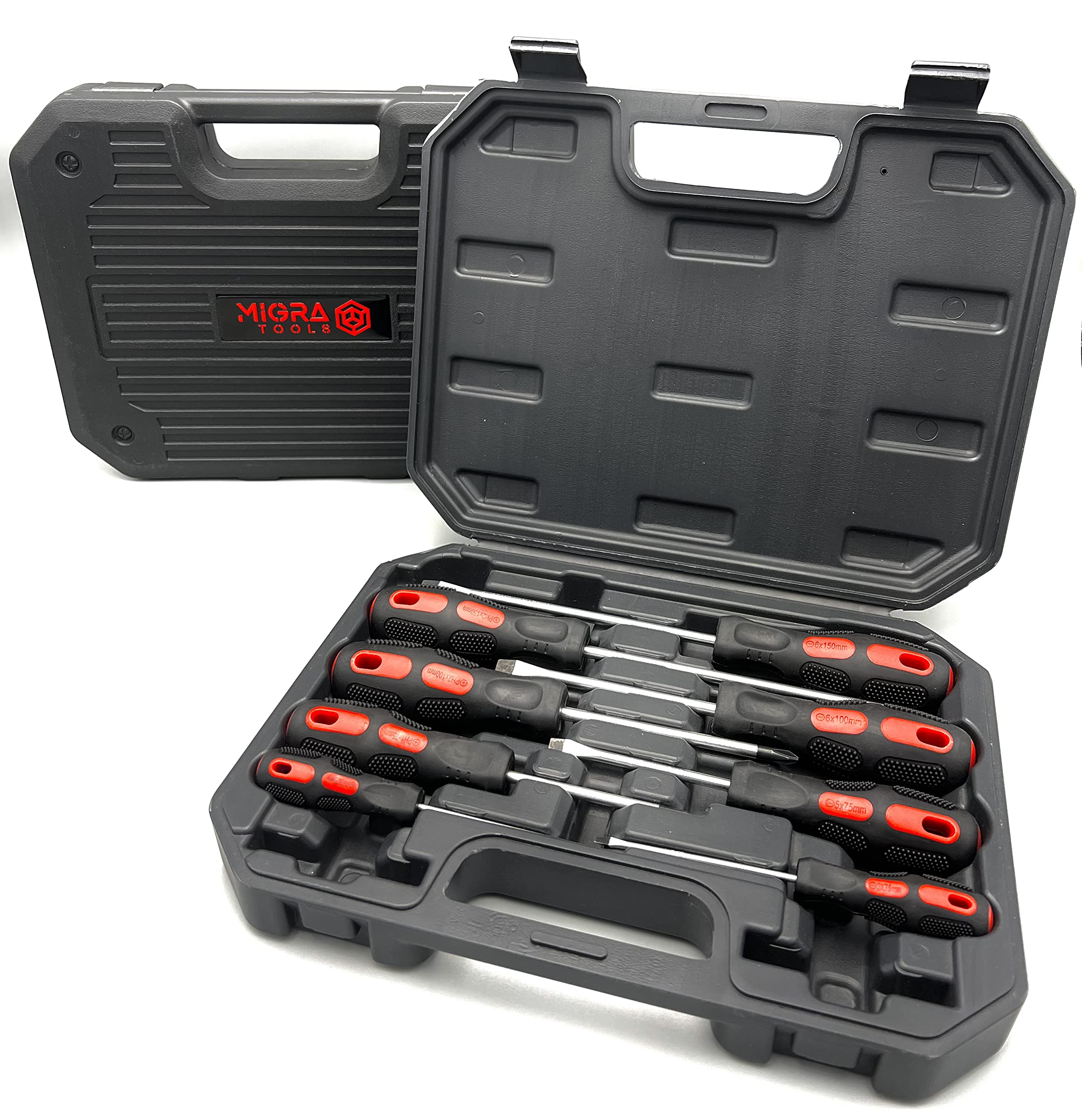 Migra Tools Screwdriver Sets with Case – 8-Piece Magnetic Screwdriver Set with 4 Slotted Heads and 4 Cross Heads – Advanced Tool Kits for Home - Chrome Vanadium – Carry Case Included