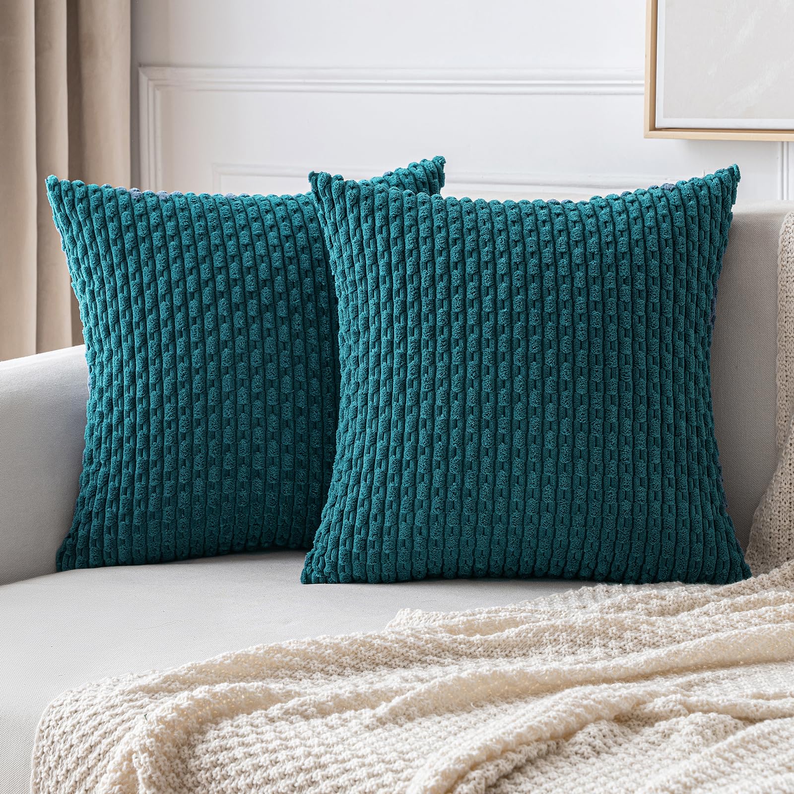 Photo 1 of MIULEE Throw Pillow Covers Soft Corduroy Decorative Set of 2 Boho Striped Pillow Covers Pillowcases Farmhouse Home Decor for Couch Bed Sofa Living Room 16x16 Inch Teal Blue