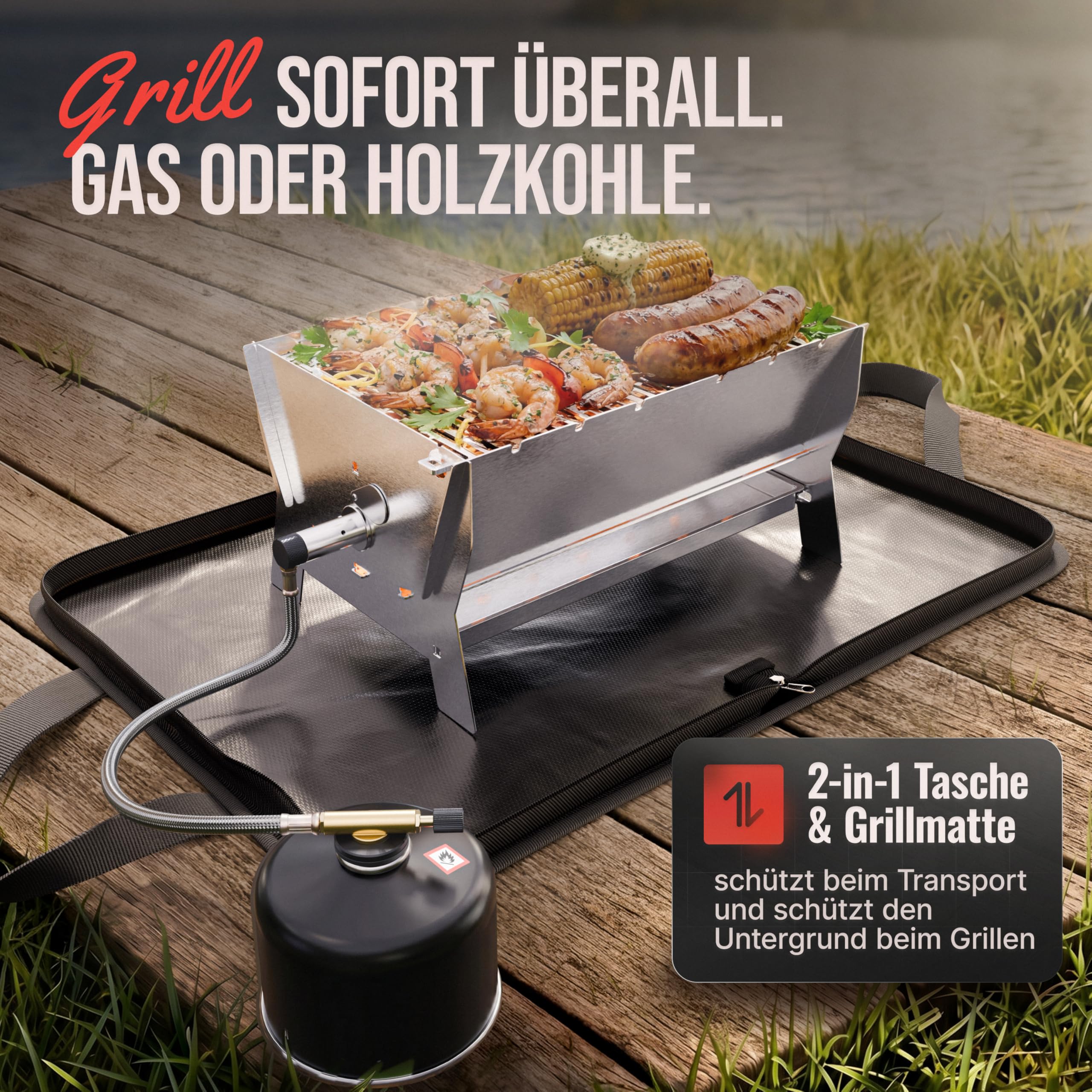 ovicue Grill | Mobiler Steck-Gasgrill – Tragbarer Edelstahlgrill mit Stecksystem – Gas- & Holzkohlebetrieb – Inkl. Tragetasche – Perfekt für Camping, Balkon, Garten & Outdoor - Camping Grill 3