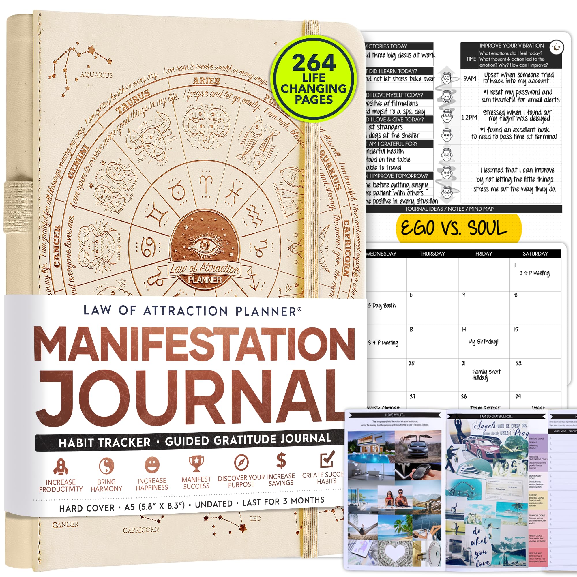 Manifestation Journal - 5 Minute Manifesting & Self Care Journal | 90-Day Undated Daily Planner for Positivity, Affirmations & Gratitude | Guided Mindfulness, Reflection | Vision Board + Stickers