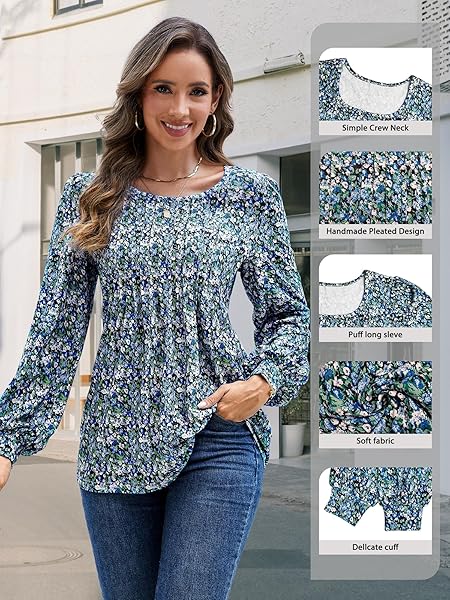 LICEMERE LONG SLEEVE SHIRTS FOR WOMEN FALL FASHION 2025 WOMENS TUNIC TOPS PLEATED CREW NECK PUFF SLEEVE BLOUSES DRESSY CASUAL (FLORAL BLUE,XXL)