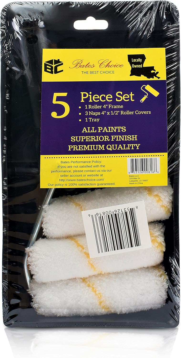 Bates- Paint Tray Set, 4 inch Paint Roller, Paint Tray, Foam Roller, Paint Roller Brush, Small Paint Roller, Mini Paint Roller, House Painting Supplies, Paint Roller Covers, Roller Frame, Roller Naps - - 