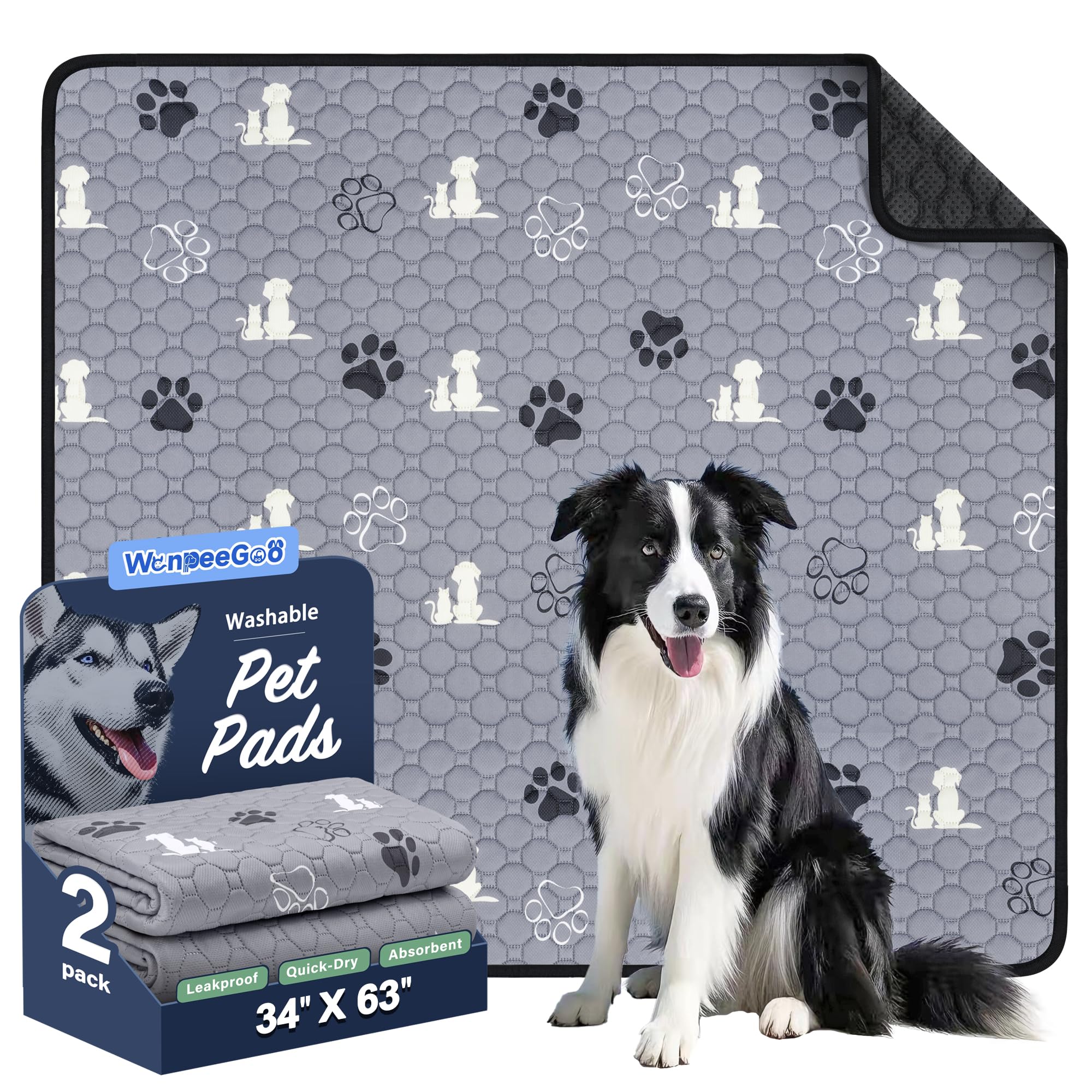 Photo 1 of WanpeeGoo Washable Pee Pads, Puppy Pee Pad for Dogs, 2 Pack Absorbent Reusable Training Dog Pads Pet Puppy Pads, Non-Slip Potty Pads for Whelping, Playpen, Crate, Bed, Grey 34"x63"