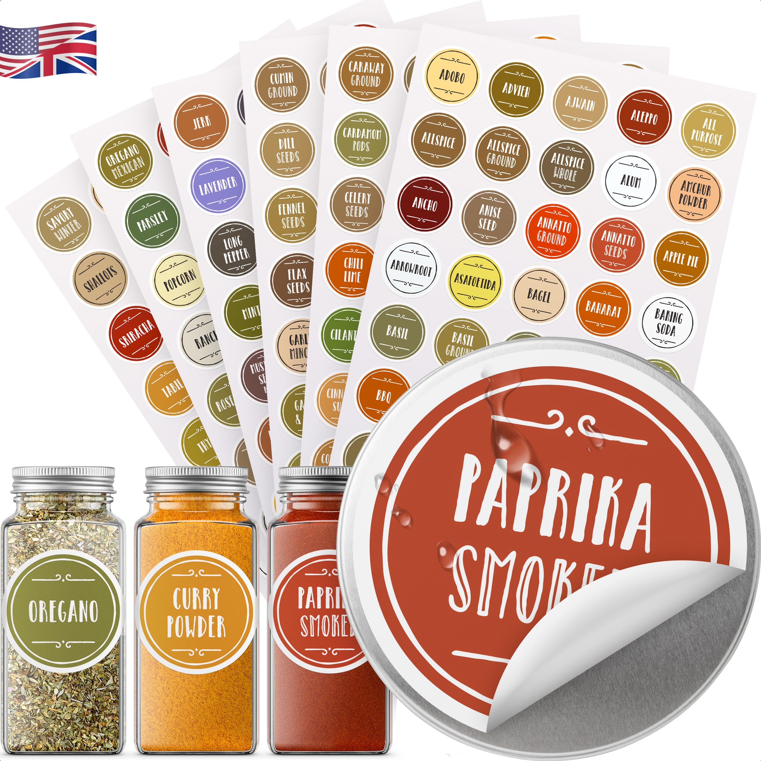 210 Colour-coded Spice Labels, Waterproof Oil-Resistant Round 38 mm Preprinted Stickers for Spice Jars; Bonus: Free Printable Custom Labels; Kitchen Organization