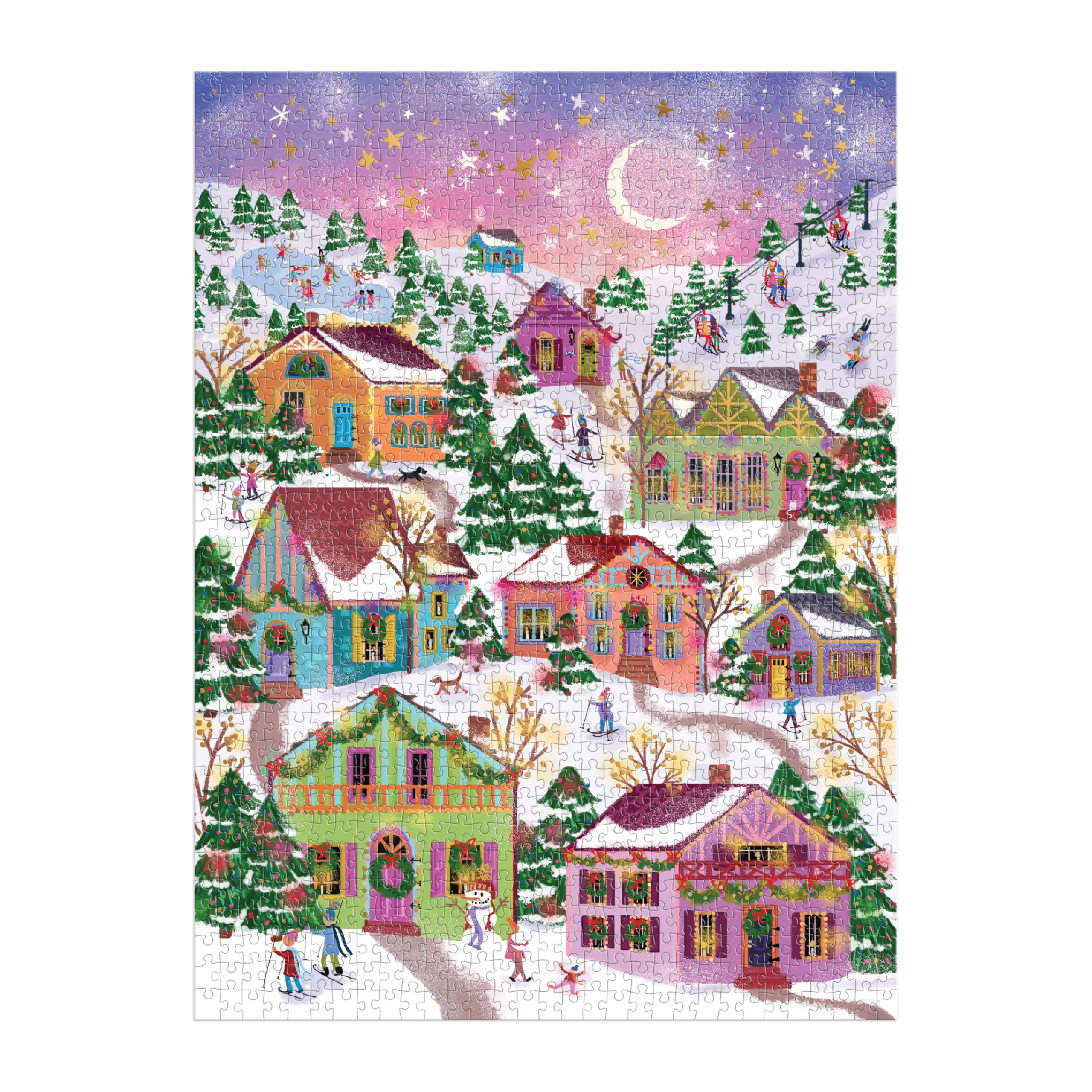 Galison Snowcap Village – 1000 Piece Foil Joy Laforme Jigsaw Puzzle Featuring Beautiful Artwork of Snowcapped Village During Christmas