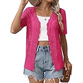 Zeagoo Women's Short Sleeve Summer Cardigan V-Neck Button up Lightweight Hollow Out Sweater Cardigans Shrug