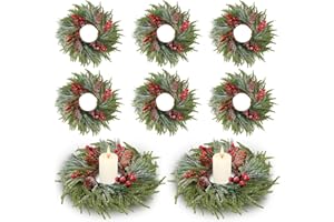Suncalla 8 Pcs Christmas Candle Rings Wreath Decorations Artificial Red Color Berry Garland Wreaths Pine Garland Norfolk Pine Holder Pillars for Kitchen Cabinet Xmas Home Table Decor (Cute)