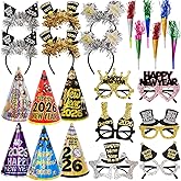ceiba tree Happy New Years Eve Party Favors Accessories NYE Supplies 2026 New Year Party 6 Paper Hats 6 Felt Headbands 6 Felt Plastic Frame Glasses 6 Noisemakers