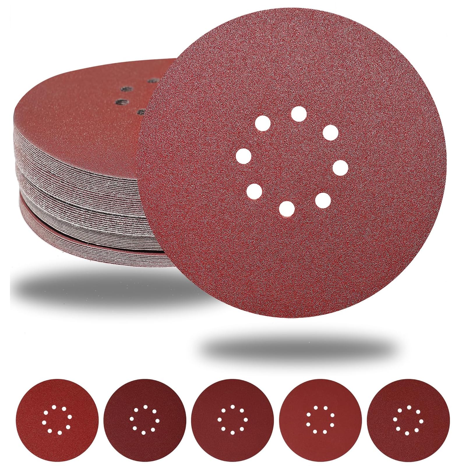 CUBEWAY 225mm Sanding Discs, 50PCS 9 inch 225 mm large Hook and Loop Sanding Discs 8 Holes Round Sandpaper Sheet for Grinding Giraffe, Drywall Sander, Long Neck Sander, 10XP40/60/80/120/240 Grit