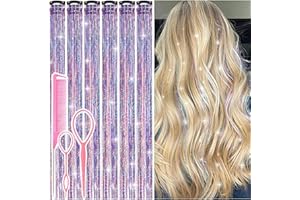 Hair Tinsel Clip in Dreamy Colorful Fairy Hair Tinsel Kit, 12 Pcs 24 Inch Glitter Clip in Hair Extensions for Girls Women Kids Christmas New Year Festival Party (Dreamy Colorful)