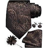 GUSLESON 8cm Paisley Tie Set for Men Necktie Lapel Pin Pocket Square Cufflinks Set for Men