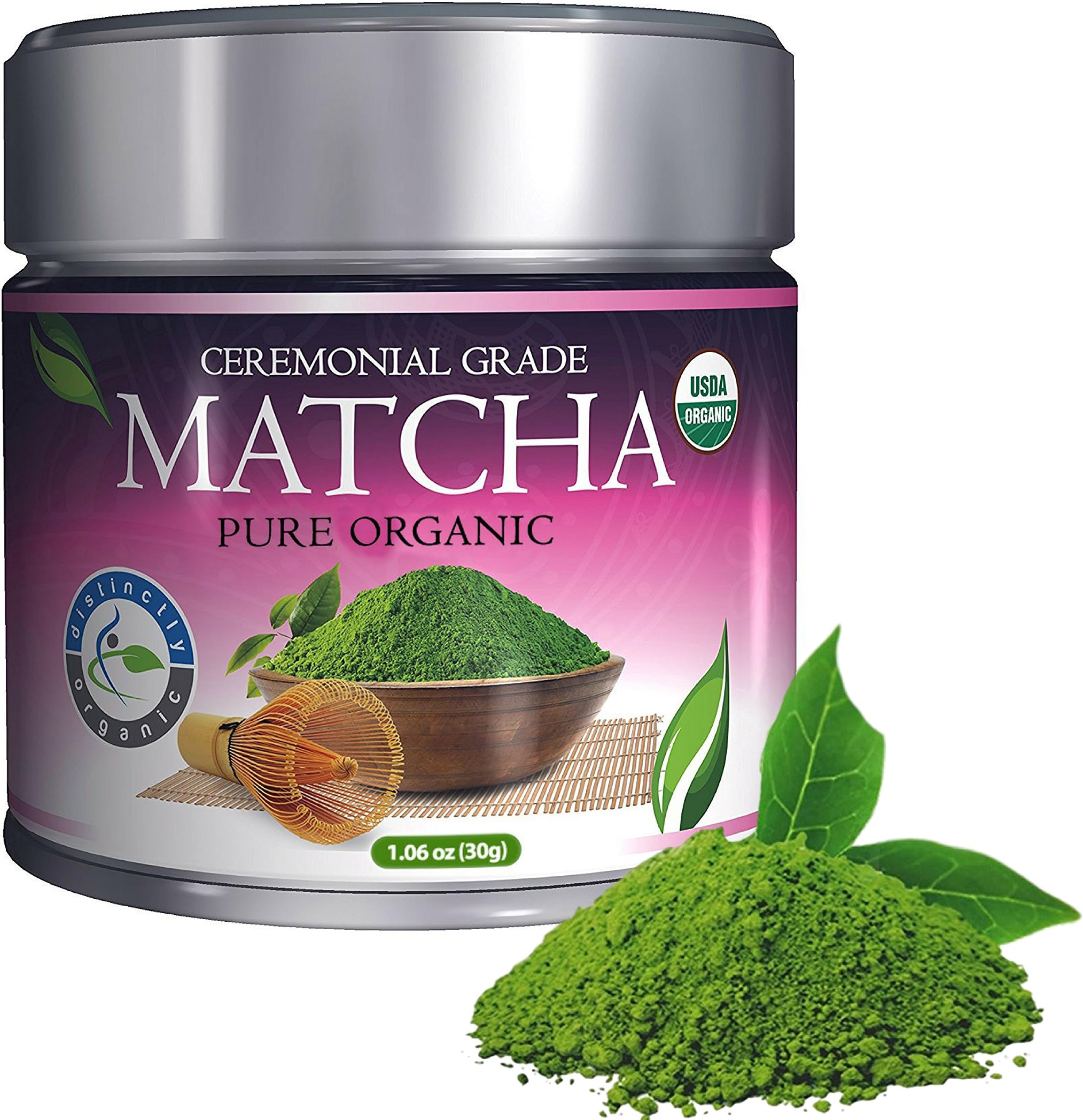 Distinctly Organic Matcha Green Tea - [USDA] Ceremonial Grade Powder - Natural Health Benefits - Free Recipe eBook - 30g [1.06oz]