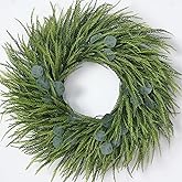 26" Artificial Eucalyptus with Fake Saw Grass Wreath for Front Door Decor | Full and Realistic, UV Resistant Greenery, Faux Eucalyptus Wreath, for Wall/Window/Fireplace/Farmhouse/Home/Outdoor Decor