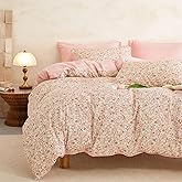 Wake In Cloud - Floral Duvet Cover Set, Cute Vintage Flower Cottagecore Aesthetic for Women Teen Girls, Soft Lightweight Bedding, 3-Piece, Cream Pink, Full Size