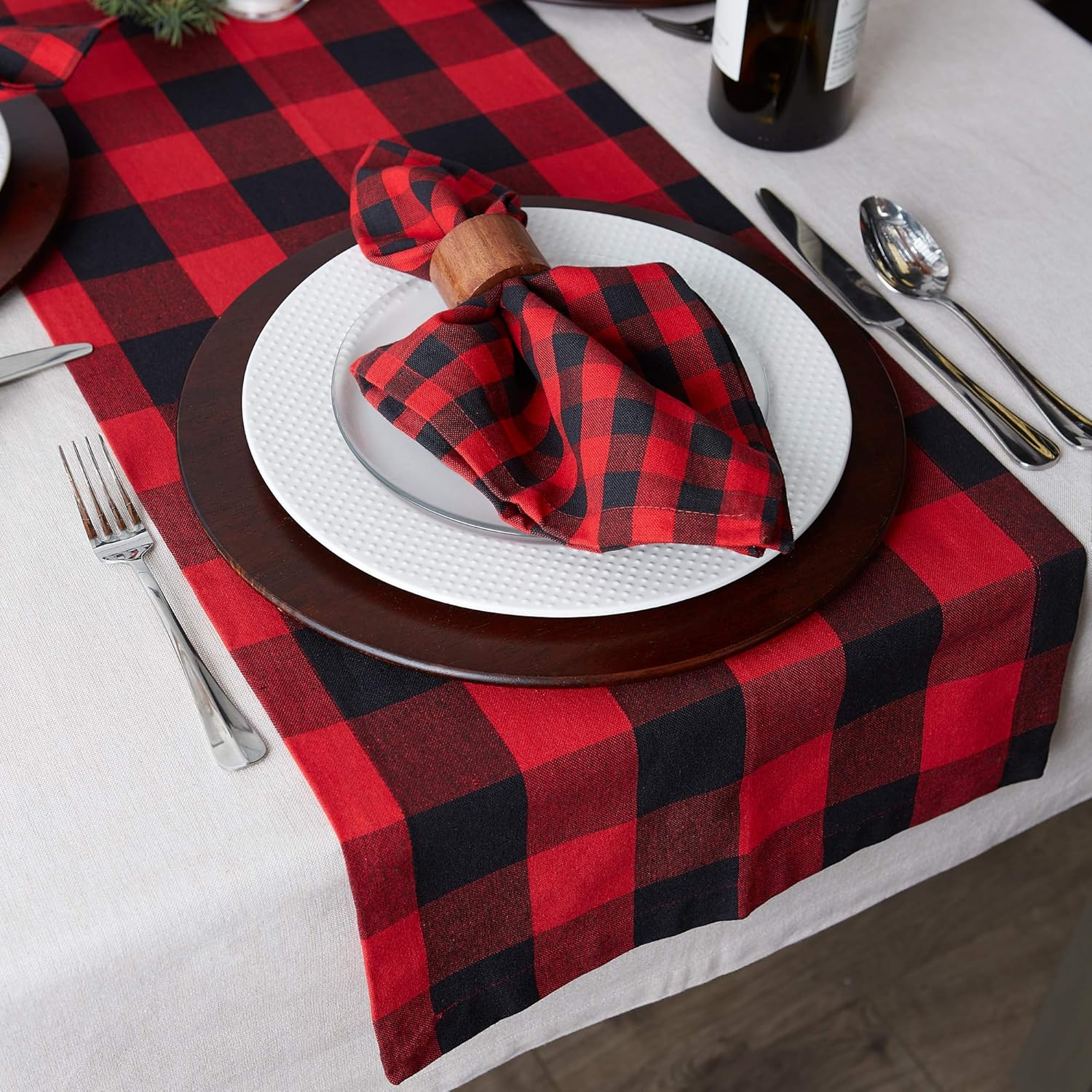DII Classic Buffalo Check Tabletop Collection for Family Dinners, Special Occasions, Barbeques, Picnics and Everyday Use, 100% Cotton, Machine Washable, Table Runner, 14x72, Red & Black: Home & Kitchen