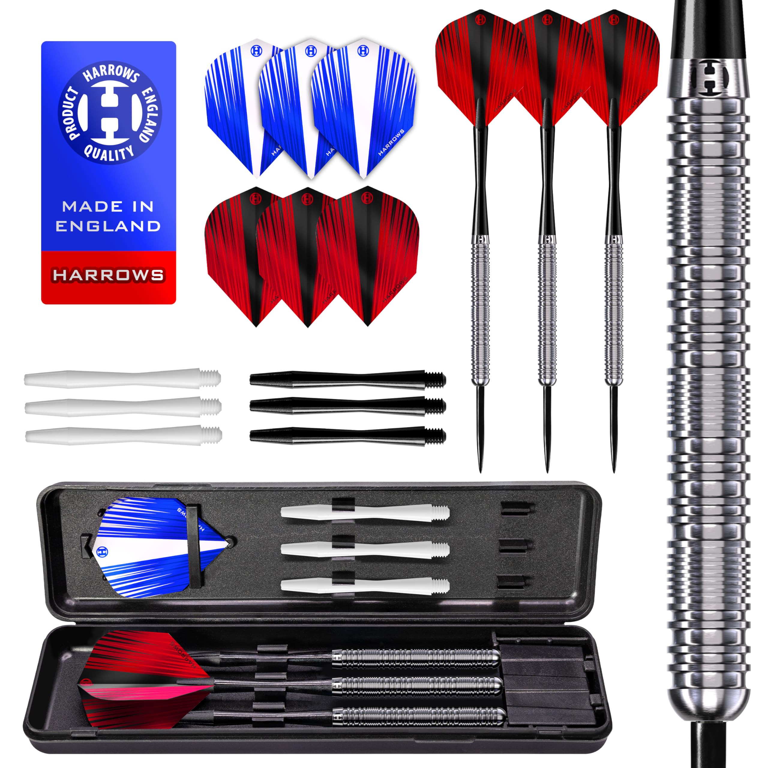 Harrows Caliber 90% Silver Tungsten Steel Tip Darts Set I 21g to 30g All Weights Available I Huge 16pcs Bundle with Spare Shafts, Prime Flights & Travel Case (28 Grams)