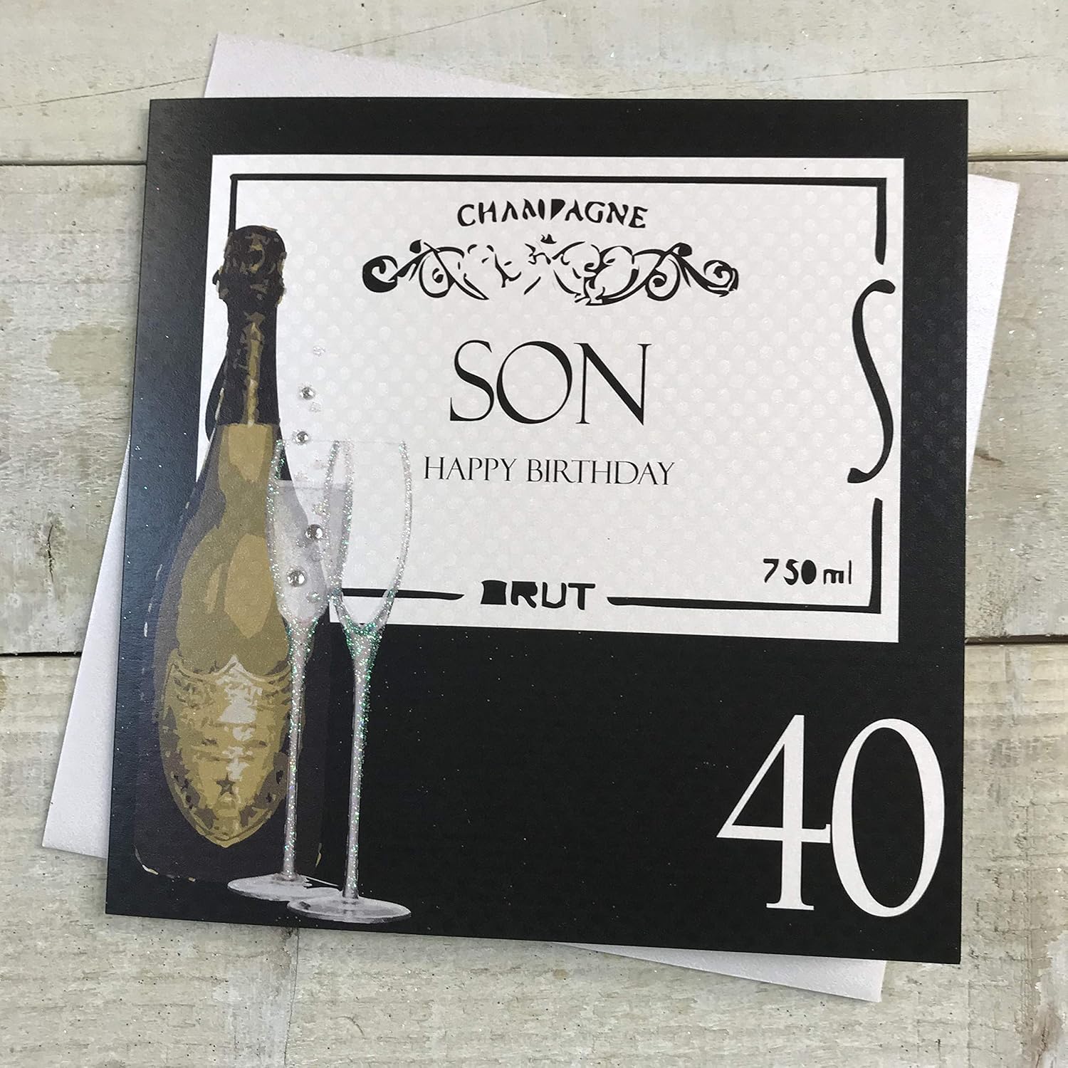white cotton cards Son Happy 40. Handmade 40th Birthday Card, Code BA40-S, Champagne, 16 x 16 cm
