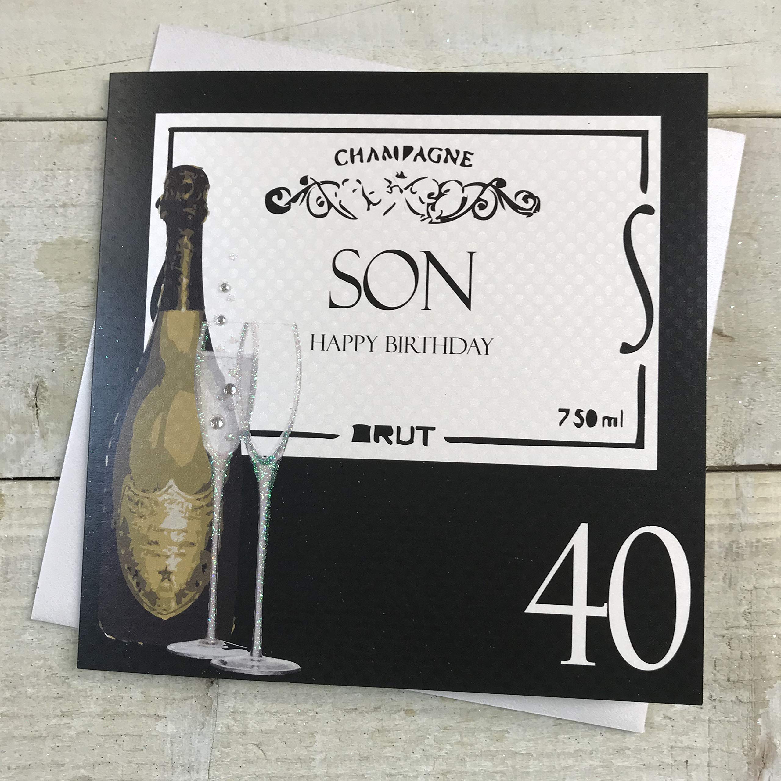 white cotton cards Son Happy 40. Handmade 40th Birthday Card, Code BA40-S, Champagne