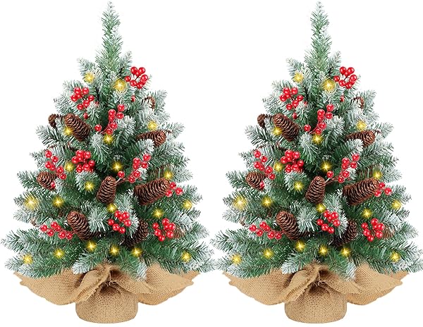 2 PACK 24 INCH SNOW FLOCKED PRELIT CHRISTMAS...