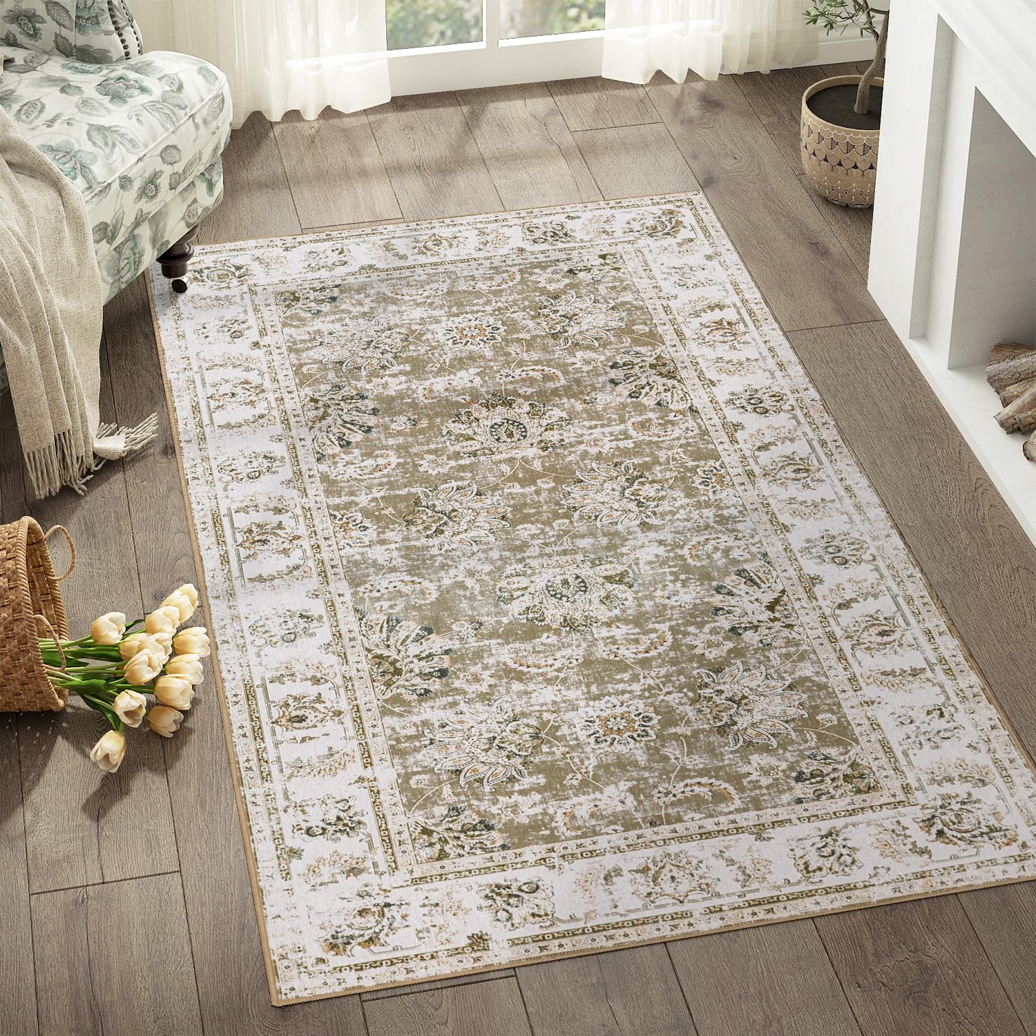 Photo 1 of jinchan Washable Area Rug 3x5 Low Pile - Entryway Rug Boho Taupe Floral Print Rug Indoor Doormat Stain Resistant Non Slip Ultra-Thin Rug Kitchen Living Room Bedroom Dining Room Office
