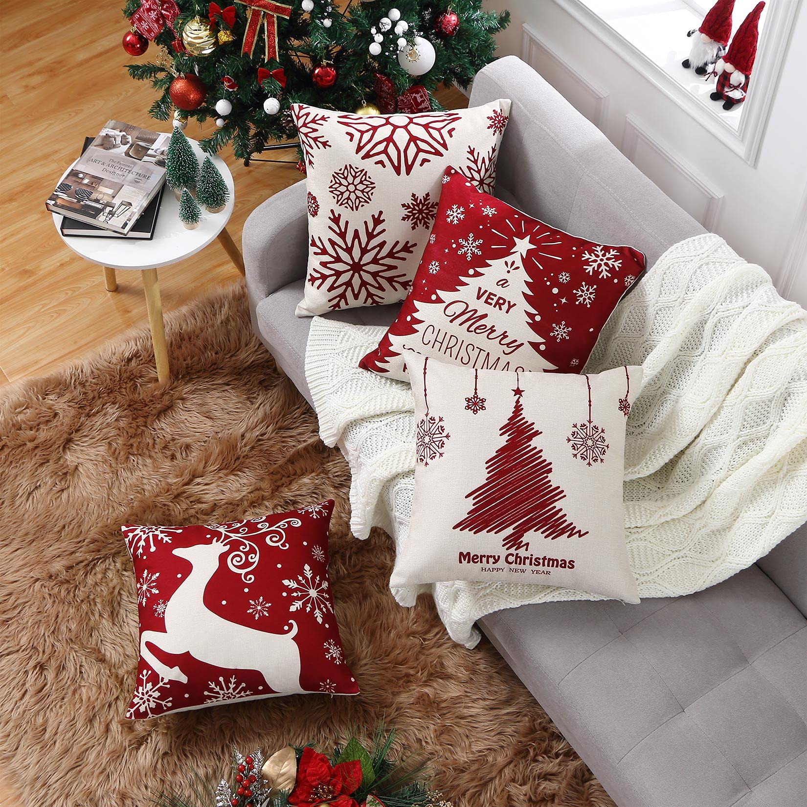 Chrismas Cushion Covers Set of 4, Linen Christmas Design Pillow Covers Red Xmas Cushion Covers Pillow Cases for Sofa Car Home Christmas Decorations,45x45 cm