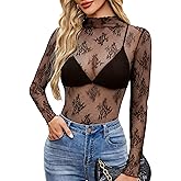CEROROW Womens Mesh Long Sleeve Tops Mock Neck Sexy See Through Tee Shirts Party Club Night Lace Blouse