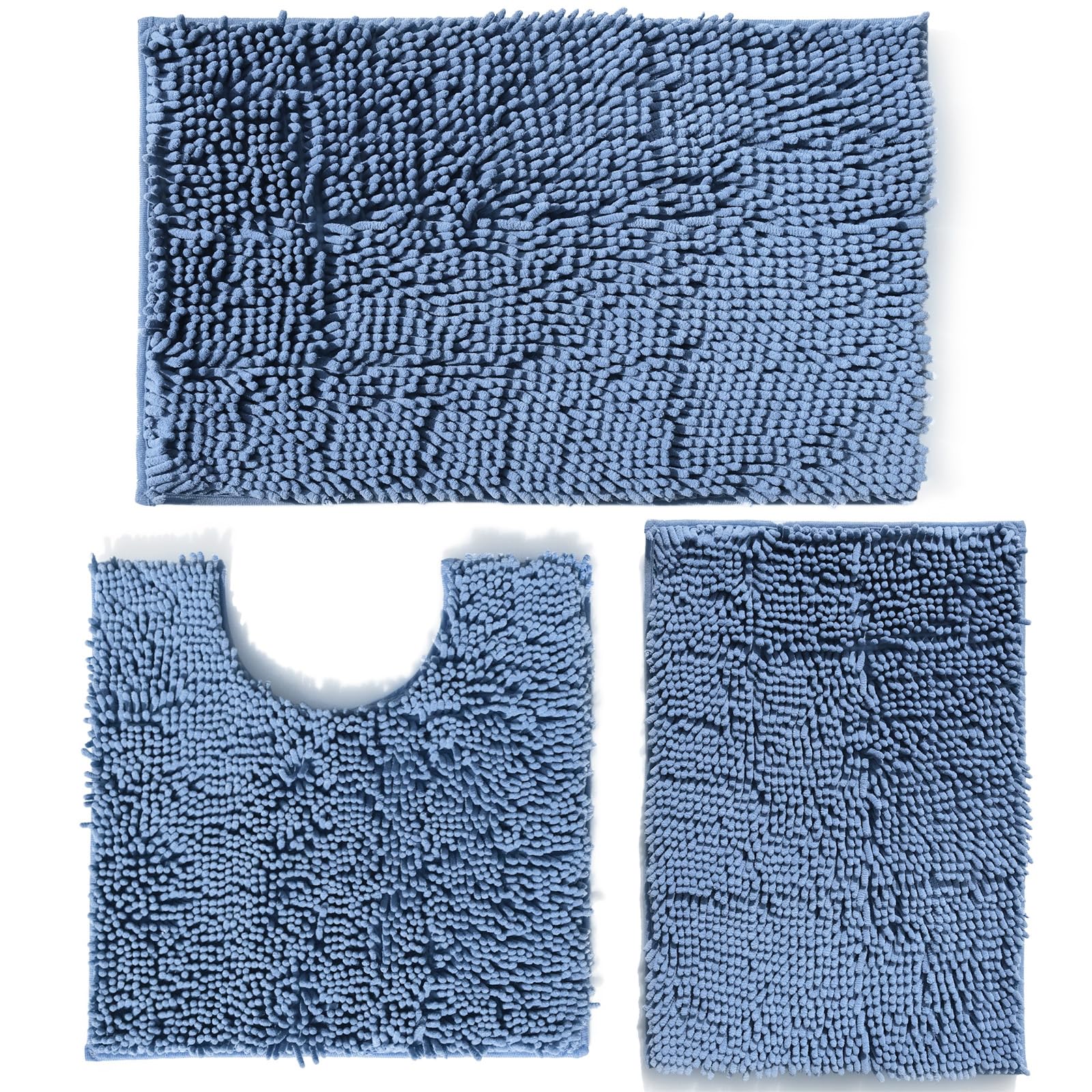 RUN HELIX Ultra Soft Chenille Bath Mat Non Slip, Bath Mat Set 3 Piece, Shaggy Bathroom Mats, Absorbent Bath Mats for Bathroom, Fluffy Bathrooms Mat Set with U-Shaped Toilet Rug (Haze Blue)