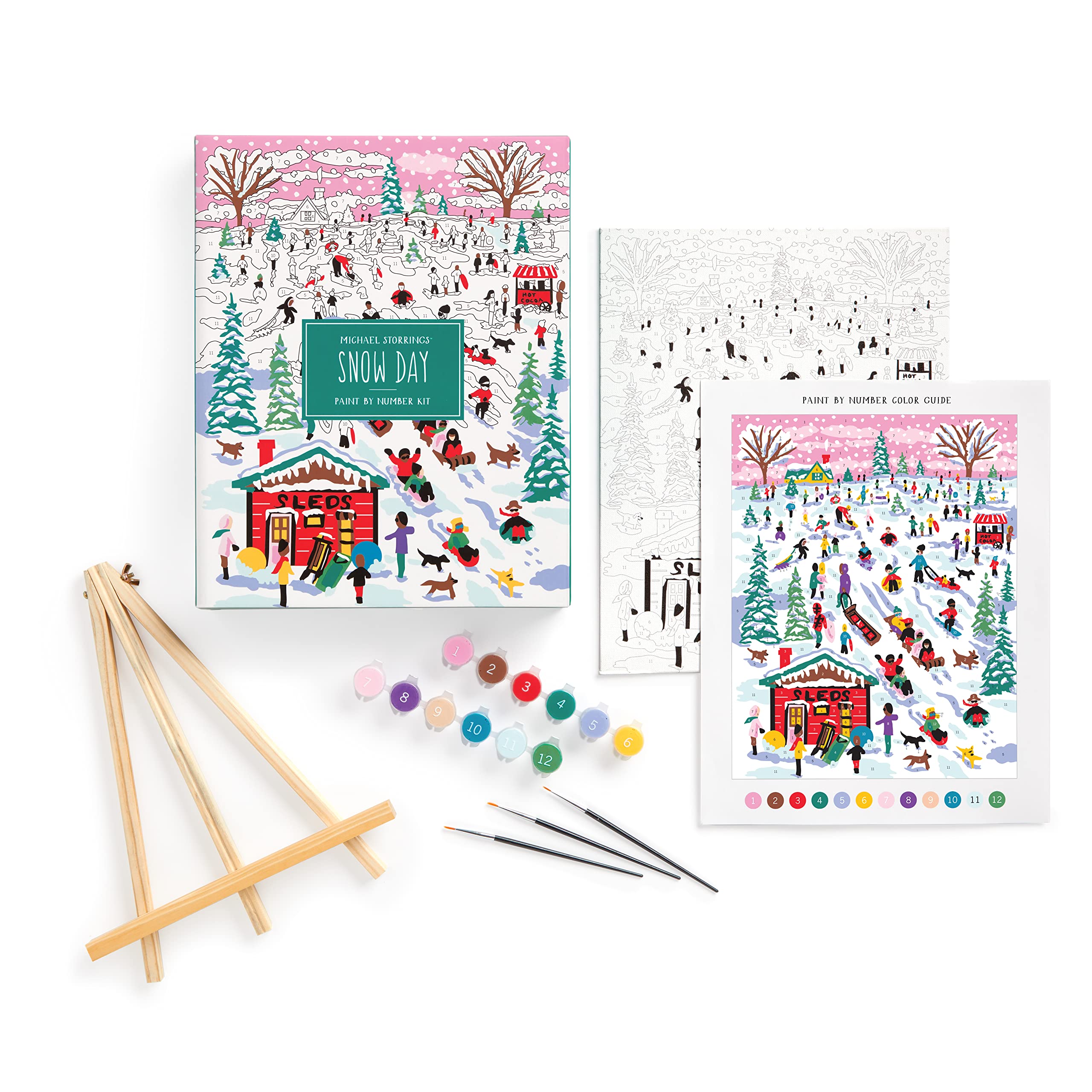 Galison Michael Storrings Snow Day – DIY Paint by Number Kit with Stunning Snow Day Sledding Art for Beginners and Experts Includes Easel Paint and Brushes,White