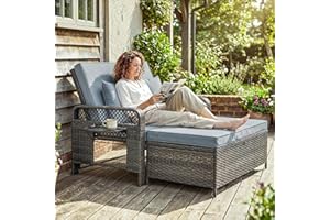 Outsunny 2 Pieces Patio Lounge Chair Set with Cushions, PE Wicker Outdoor Chaise Lounge with Adjustable Backrest, Side Trays 