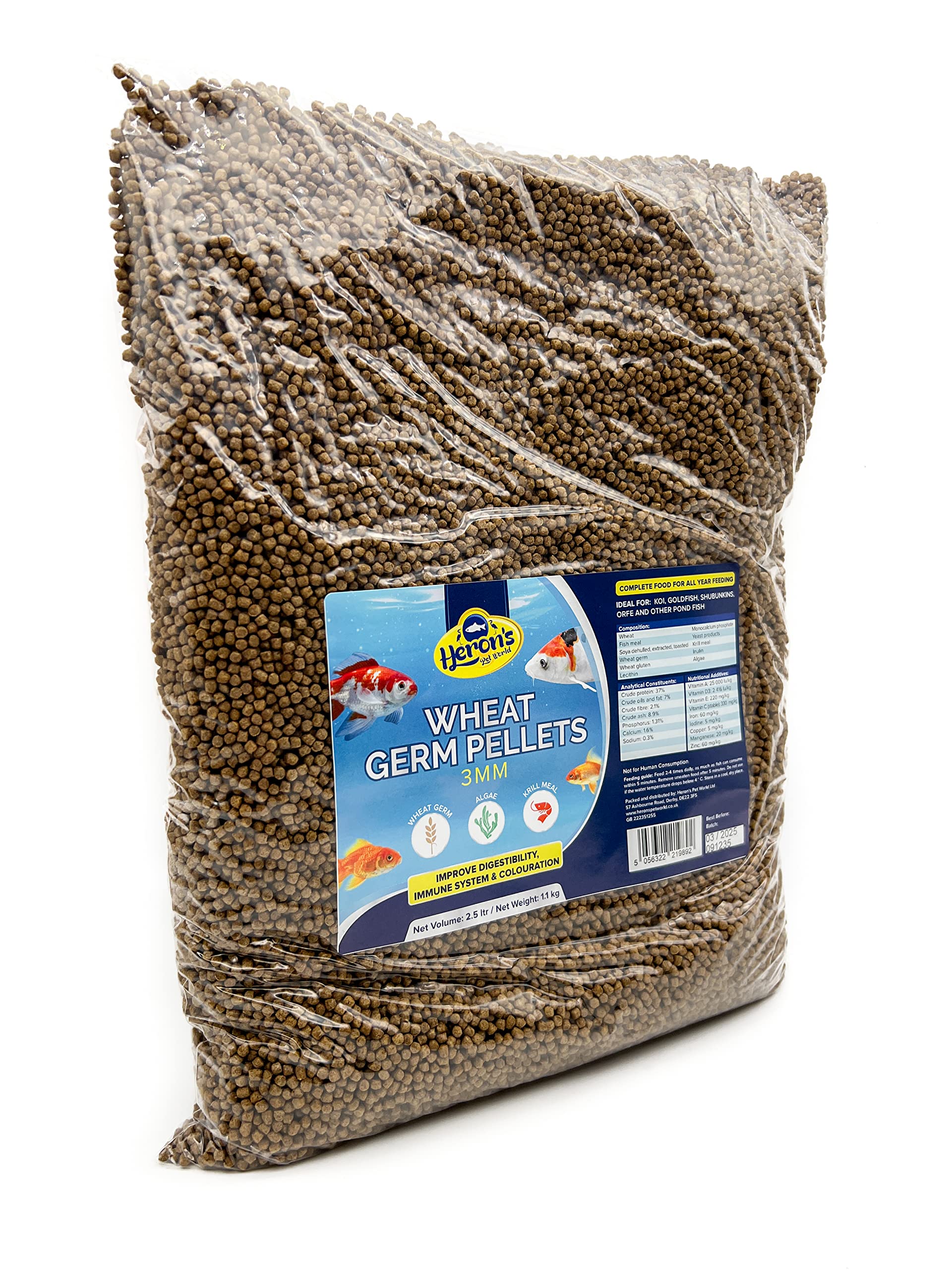 HERONS - Wheatgerm Pellets - 3 mm Pellets for all Goldfish, Japanese koi and Pond Fish - OMEGA-3 Fatty Acids, Vitamin E and C - Improves Digestion, Liver Function - Enhance Colour - 1.1KG