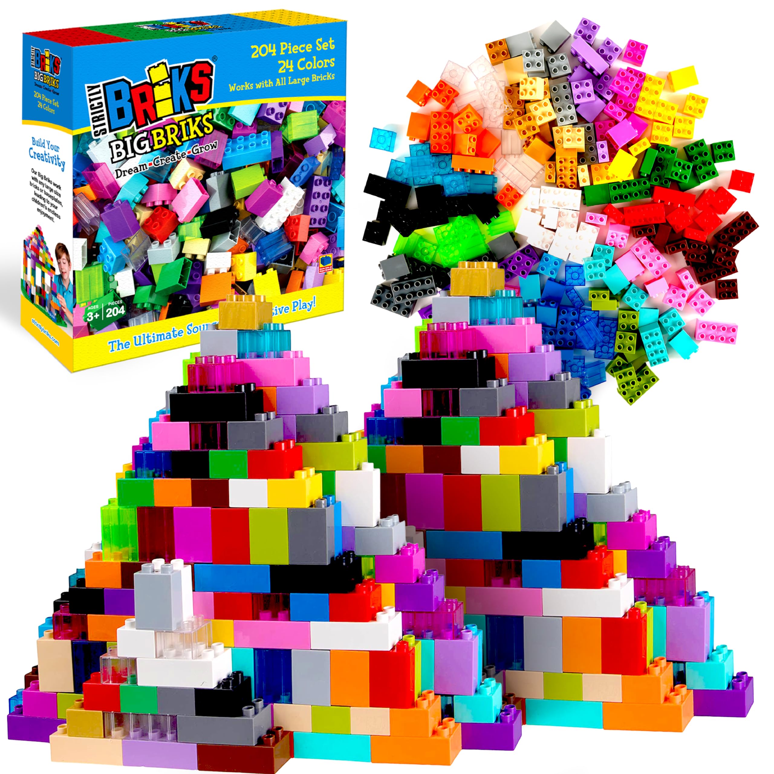Strictly Briks Toy Large Building Blocks For Kids and Toddlers, Big Bricks Set For Ages 3 and Up, Compatible with LEGO Blocks, Compatible with LEGO Base Plates, Rainbow Colors, 204 Pieces