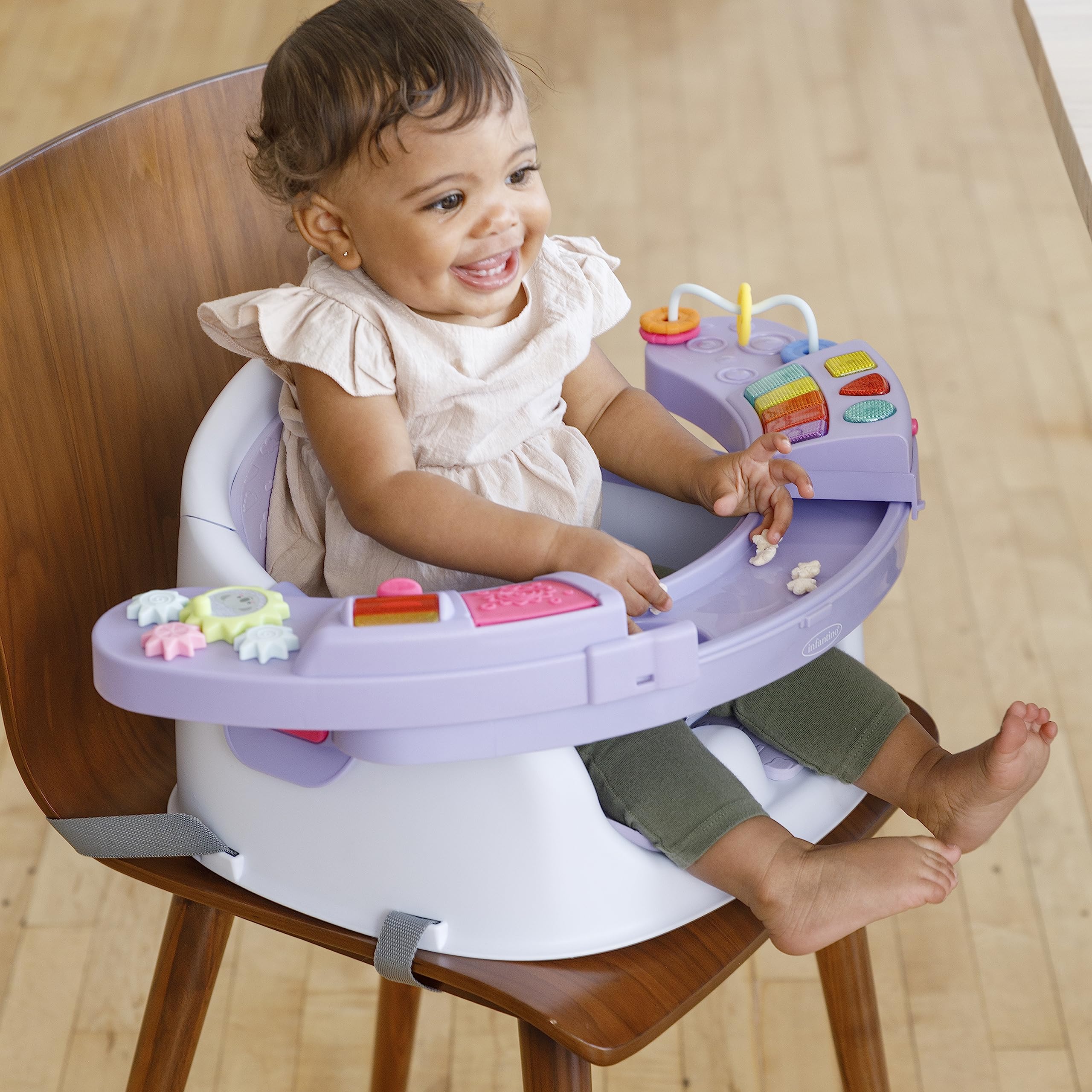 Infantino Music & Lights 3-in-1 Discovery Seat & Booster, Toddler Booster Seat for Dining Table or Kitchen Chair, Baby Activity Center & Snack Tray, Lavender