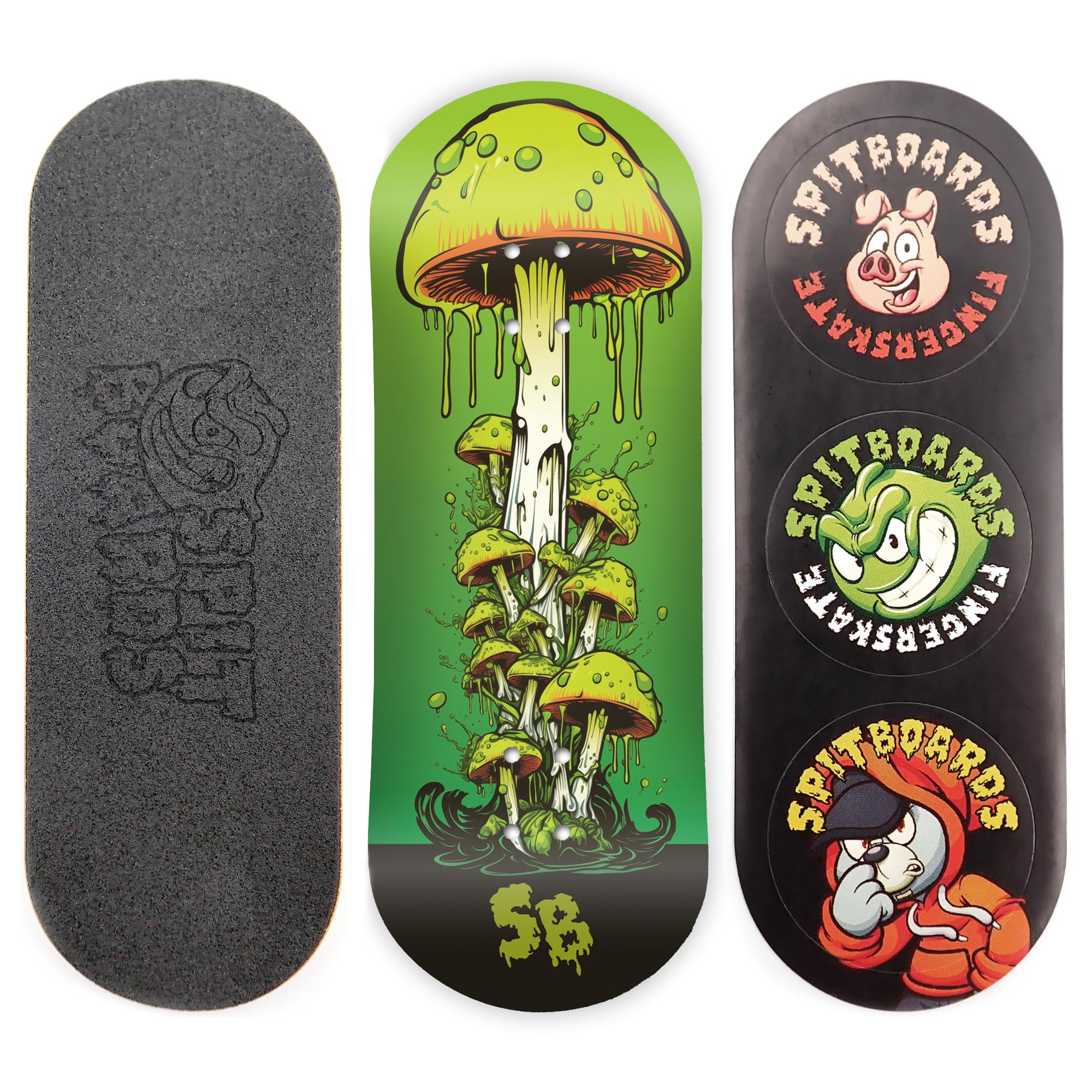 SPITBOARDS 34 mm Fingerboard Deck - Real Wood (5-Layers) Classic Popsicle Street Shape - Size: 34 x 96 mm - Single Graphic Deck (Real Wear) - Optimised Concave - Green Mushroom