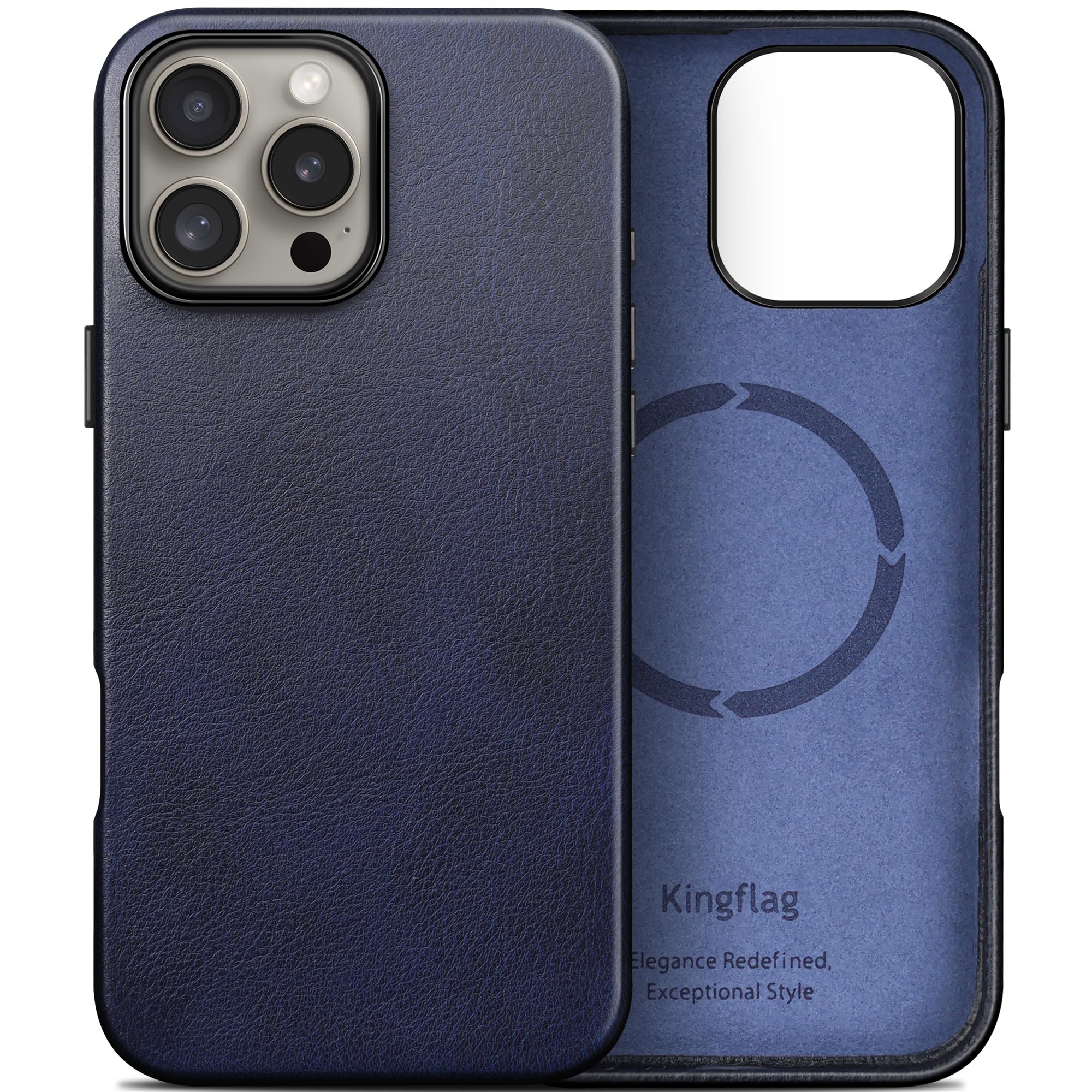 kingflag Genuine Leather Case for iPhone 16 Pro Max 6.9 inch, Oil Wax Full-Grain Leather, Compatible with MagSafe, Metal Buttons and Camera Bezel (Blue)