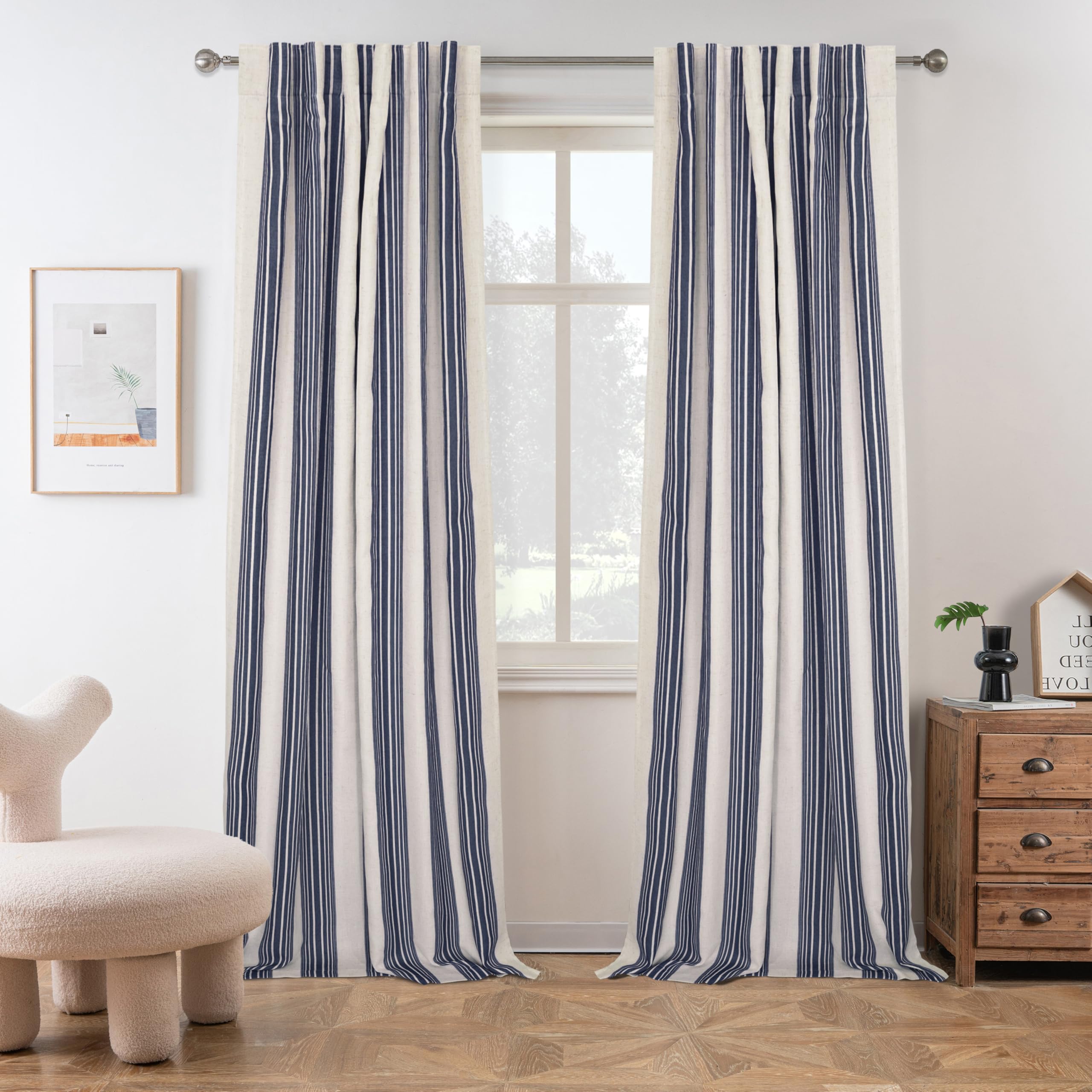 Photo 1 of DriftAway Chris Linen Blackout Curtains with Thermal and Sound Reducing Layer 96 Inches Long for Bedroom Striped Printed Drapes Thermal Insulated Lined Window Treatment for Living Room Linen Dark Blue