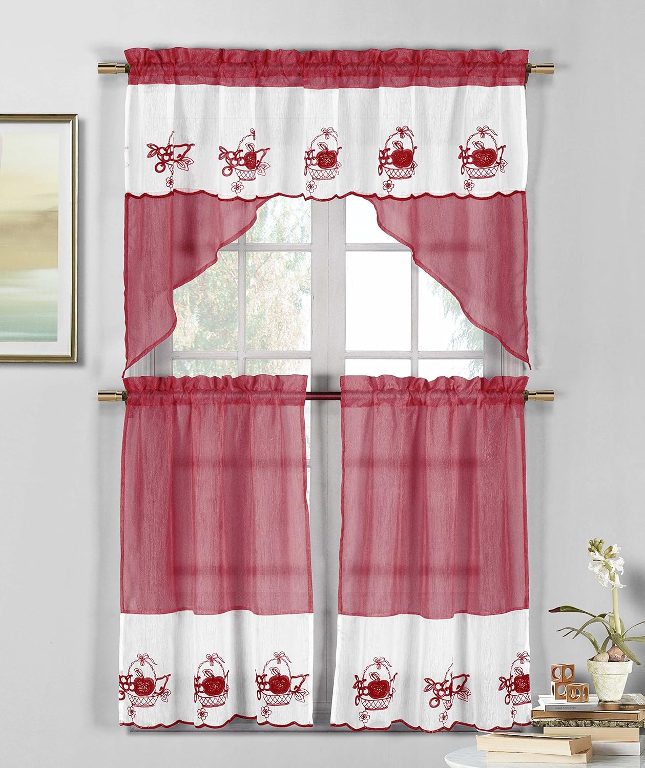Amazon Com 3 Piece Sheer Window Curtain Set Fruit Basket
