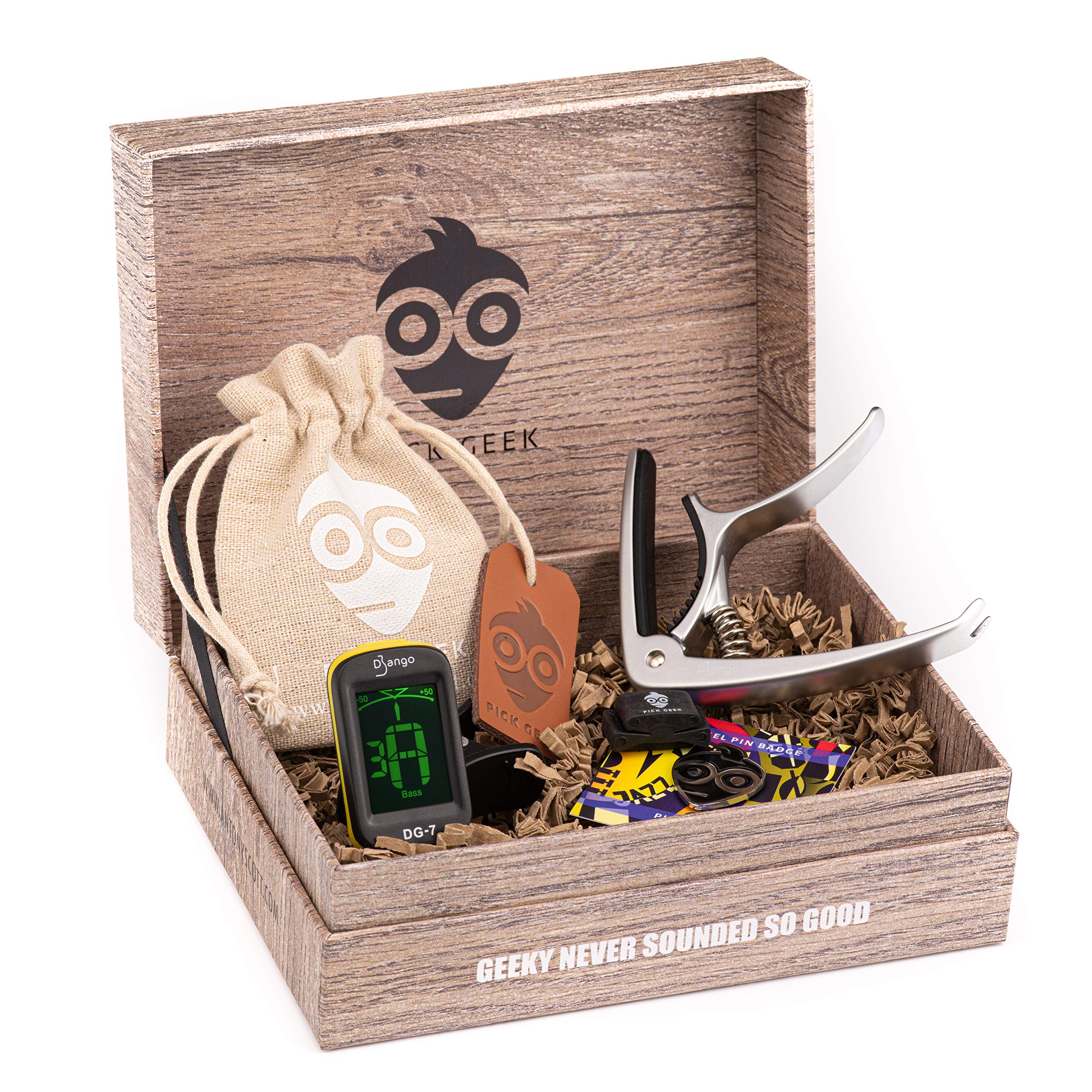 Pick Geek Guitar Pick Bundle Set | 33 x Premium Assorted Guitar Picks | Django Quick-Release Capo | Django Clip-on Tuner | Pick Geek ‘wedgie’ Pick Holder plus Enamel Pin | Gifted in Stunning Gift Box