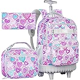 FTJCF 3pcs Rolling Backpack for Girls, 19 Inche Adult Bag with Roller Wheels, Wheeled Bookbag Set for Women - PinkGrey